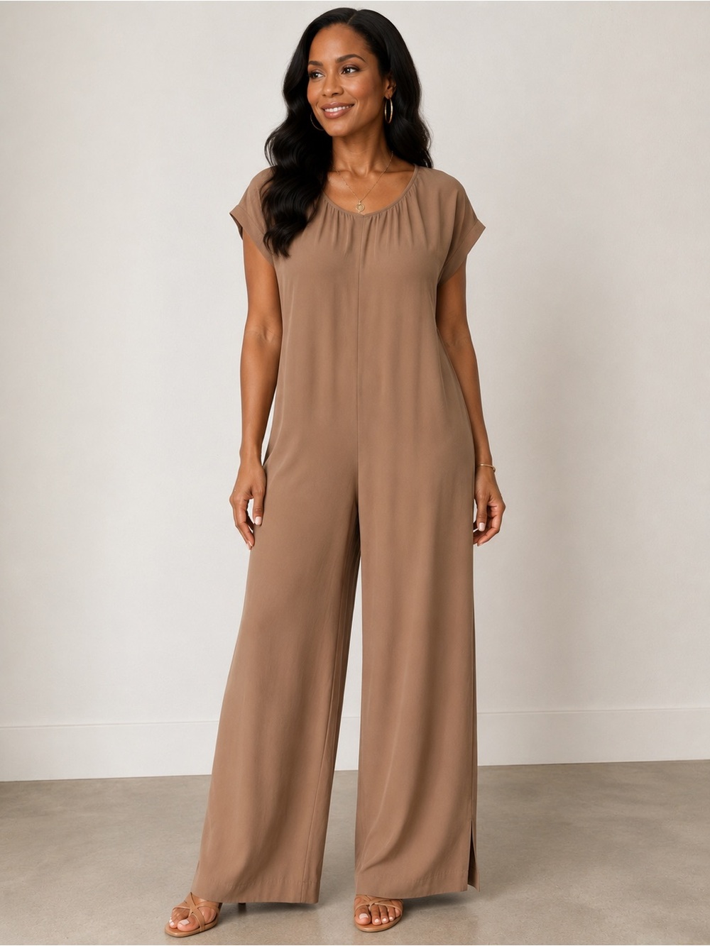 PROLOGUE Oversized Camel Wide Leg Jumpsuit XL  Short Sleeve Quiet Luxury